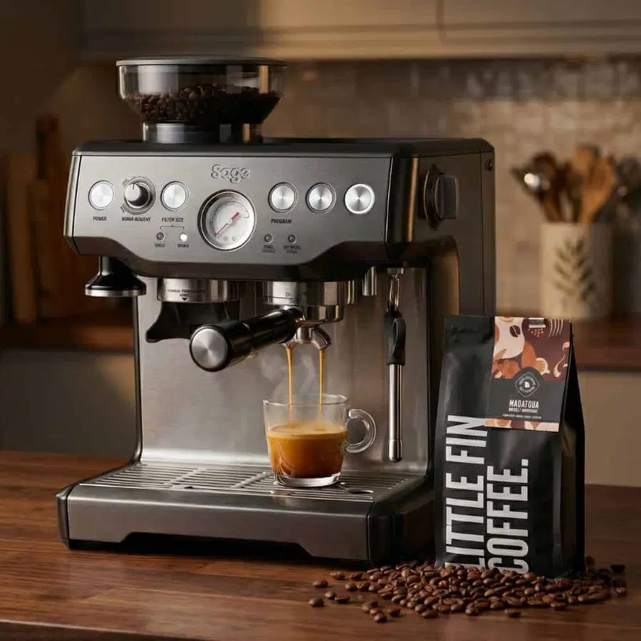 Sage Barista Express (Black Truffle) with 500g of Beans from Little Fin Coffee Roastery