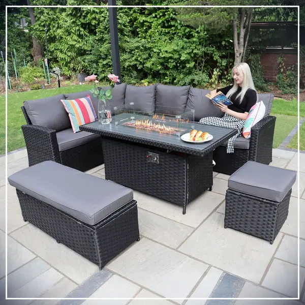 Rosen 9 Seater Rattan Garden Furniture Corner Sofa Set With Aluminum Fire Pit #2
