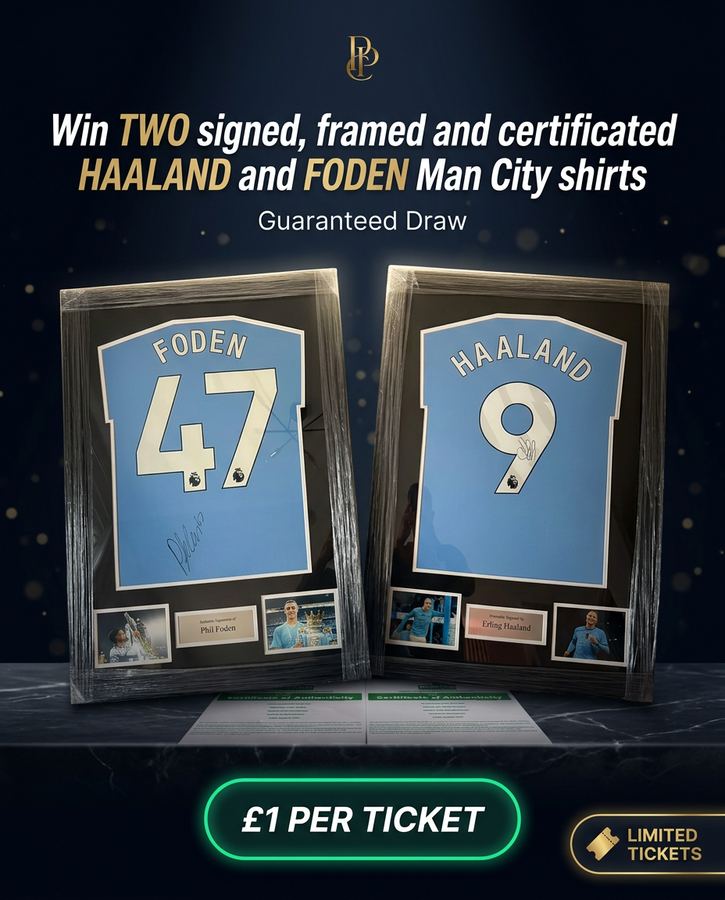 Win TWO signed and certificated Haaland and Foden Man City football shirts