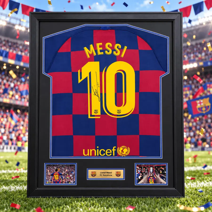 LIONEL MESSI Signed & Framed Barcelona Shirt