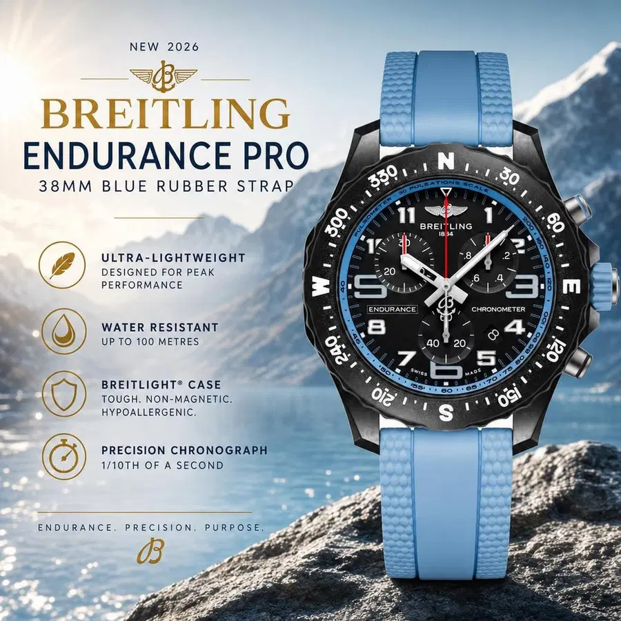 NEW BREITLING ENDURANCE PRO 38MM BLUE RUBBER STRAP WATCH