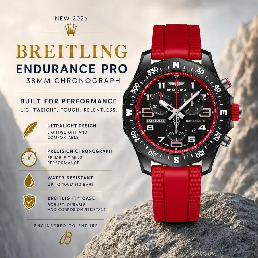 NEW BREITLING ENDURANCE PRO 38MM CHRONOGRAPH RED RUBBER STRAP WATCH