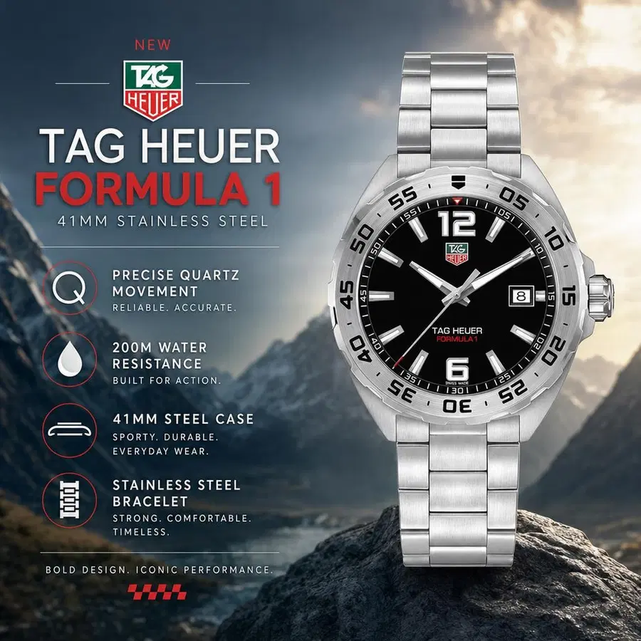 NEW TAG HEUER FORMULA 1 QUARTZ BLACK STEEL 41MM WATCH