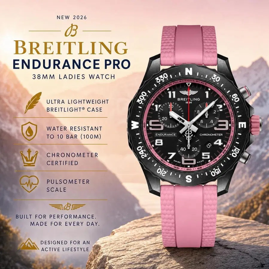NEW BREITLING ENDURANCE PRO 38MM PINK RUBBER STRAP LADIES WATCH