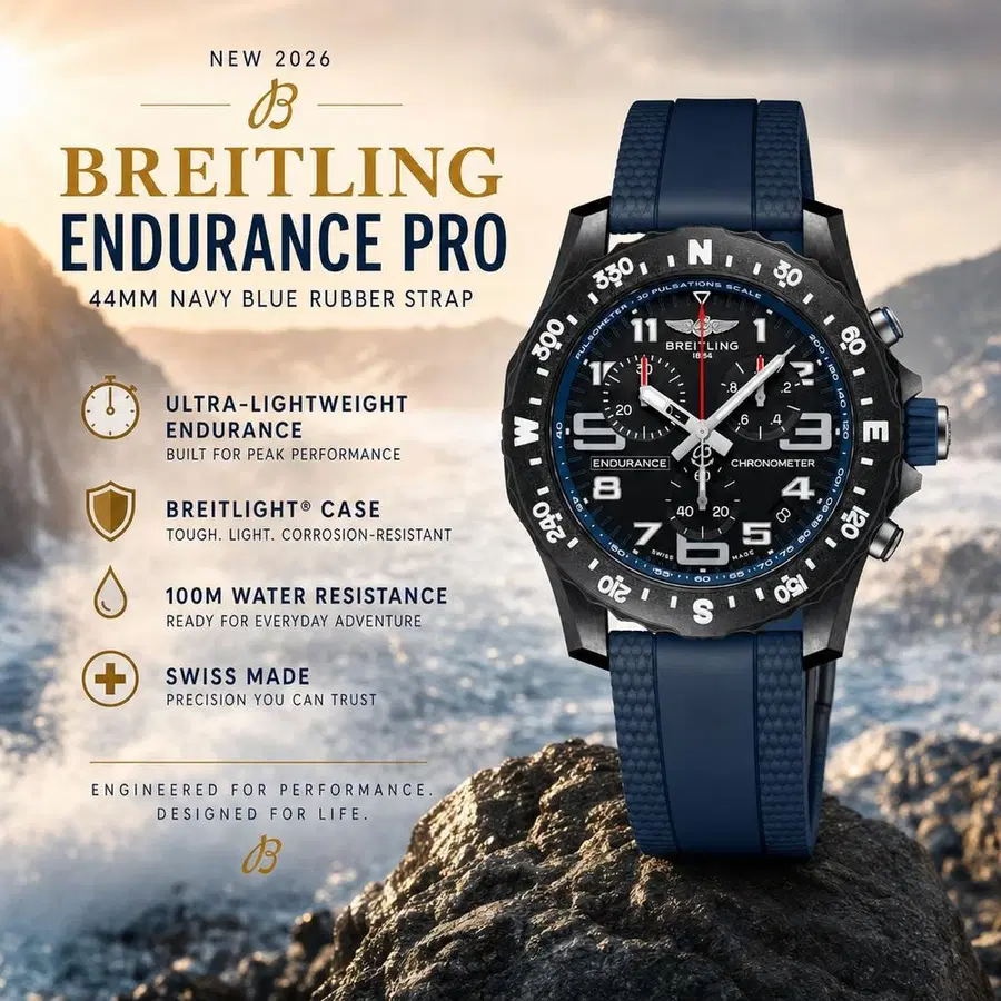 NEW BREITLING ENDURANCE PRO 44MM NAVY BLUE RUBBER STRAP WATCH