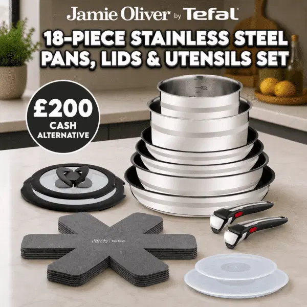 Jamie Oliver Tefal Ingenio Stainless Steel Pans, Lids & Utensils Set, 18 Piece OR £200