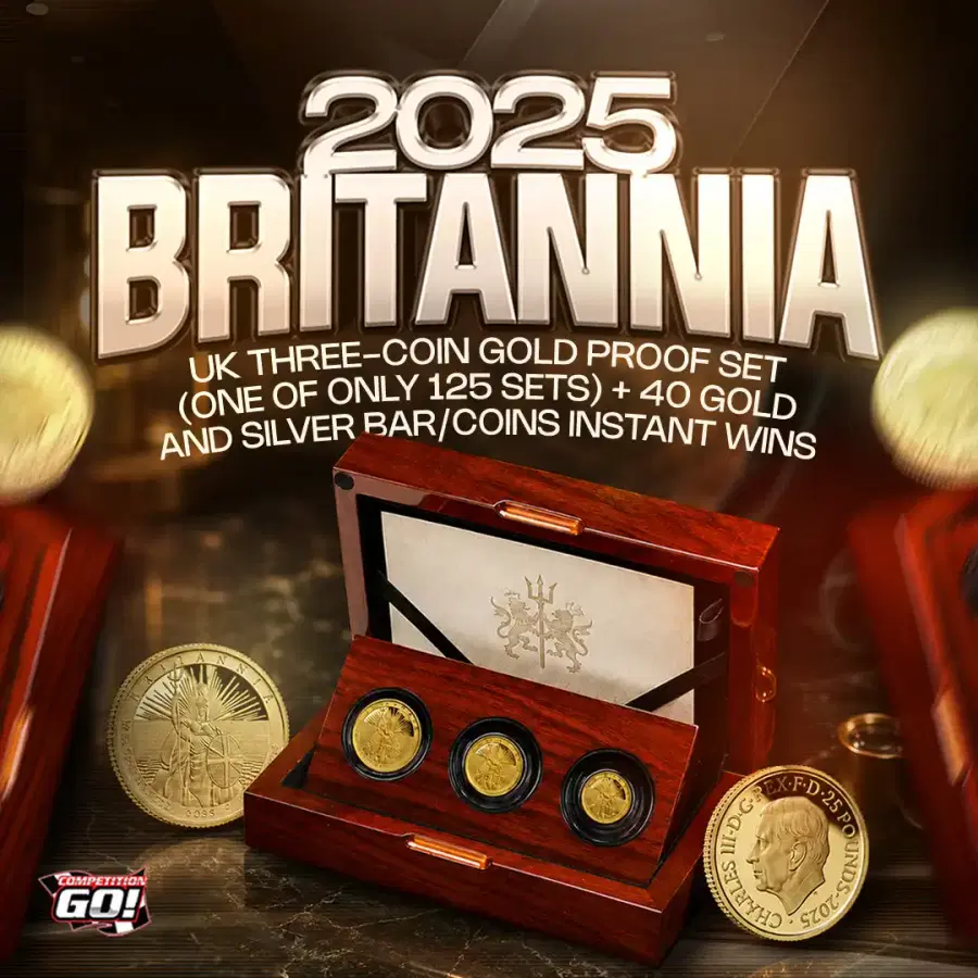 2025 BRITANNIA UK THREE-COIN GOLD PROOF SET (ONE OF ONLY 125 SETS) + 35 GOLD AND SILVER BAR INSTANT WINS