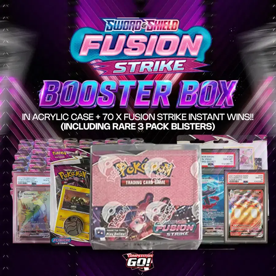 FUSION STRIKE BOOSTER BOX IN ACRYLIC CASE + 70 X FUSION STRIKE INSTANT WINS!! (INCLUDING RARE 3 PACK BLISTERS)