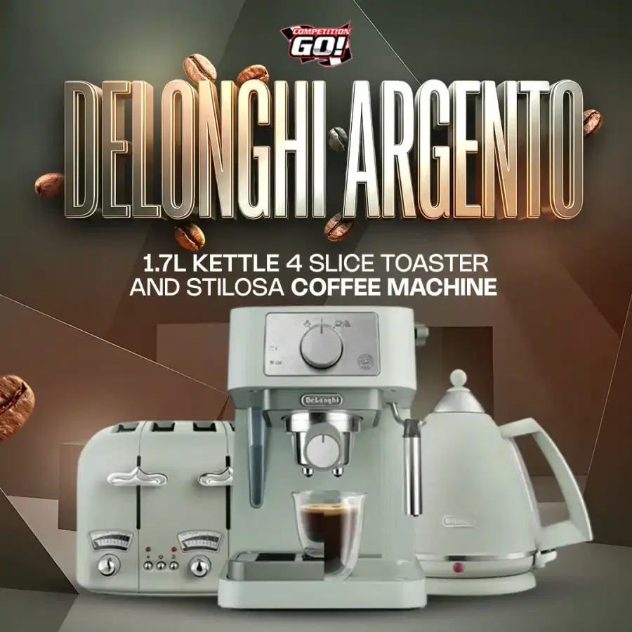 DELONGHI ARGENTO 1.7L KETTLE 4 SLICE TOASTER AND STILOSA COFFEE MACHINE