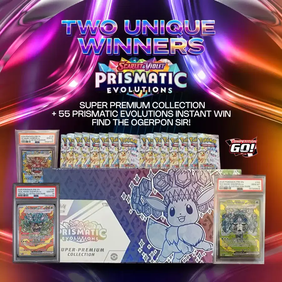 TWO UNIQUE WINNERS: PRISMATIC EVOLUTIONS SUPER PREMIUM COLLECTION + 55 PRISMATIC EVOLUTIONS INSTANT WIN - FIND THE OGERPON SIR!