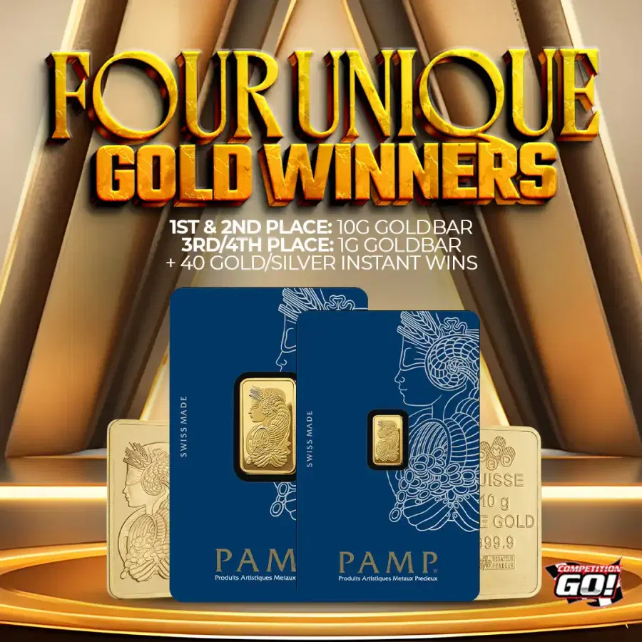 FOUR UNIQUE GOLD WINNERS: 1ST & SECOND PLACE: 10G GOLD BAR 3RD/4TH PLACE: 1G GOLD BAR + 40 GOLD/SILVER INSTANT WINS