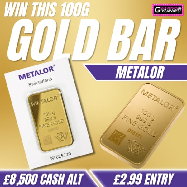 100g Gold Bar Metalor or £8,500 Cash alt