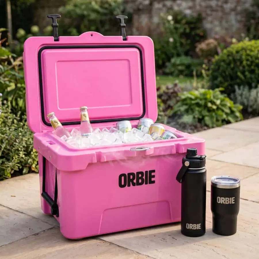 Orbie Pink 35 Cooler with Black Bottle and Insulated Cup