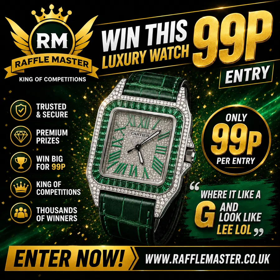 Rappers Delight Buss Down Diamond Cartier Santos Watch With Green Emeralds And Natural Diamonds Only 99p Per Entry Live Draw 03-12-26