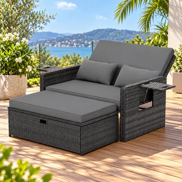 Garden Patio Rattan Daybed Sun Lounger with Storage Ottoman & Side Tray