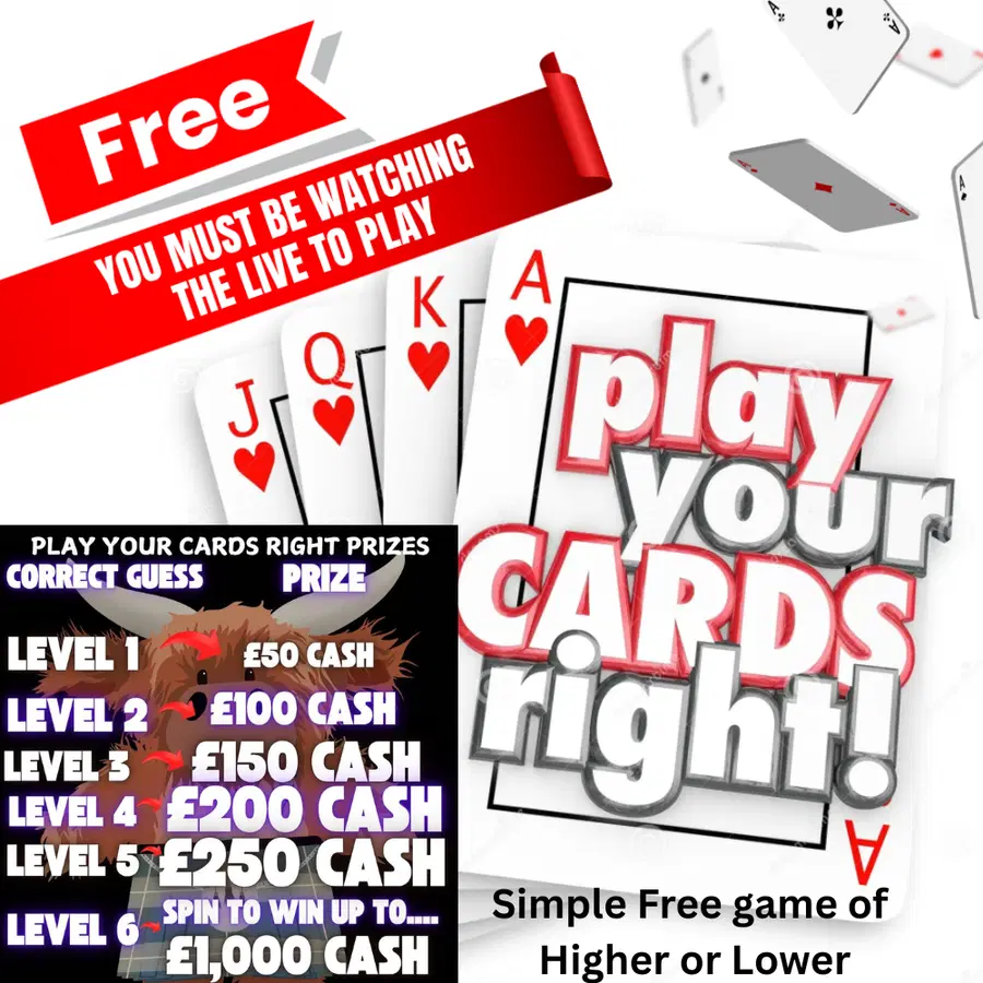 Bonus comp FREE TO ENTER – Play Your Kilted Cards Right Game – Win up to £1,000 Cash