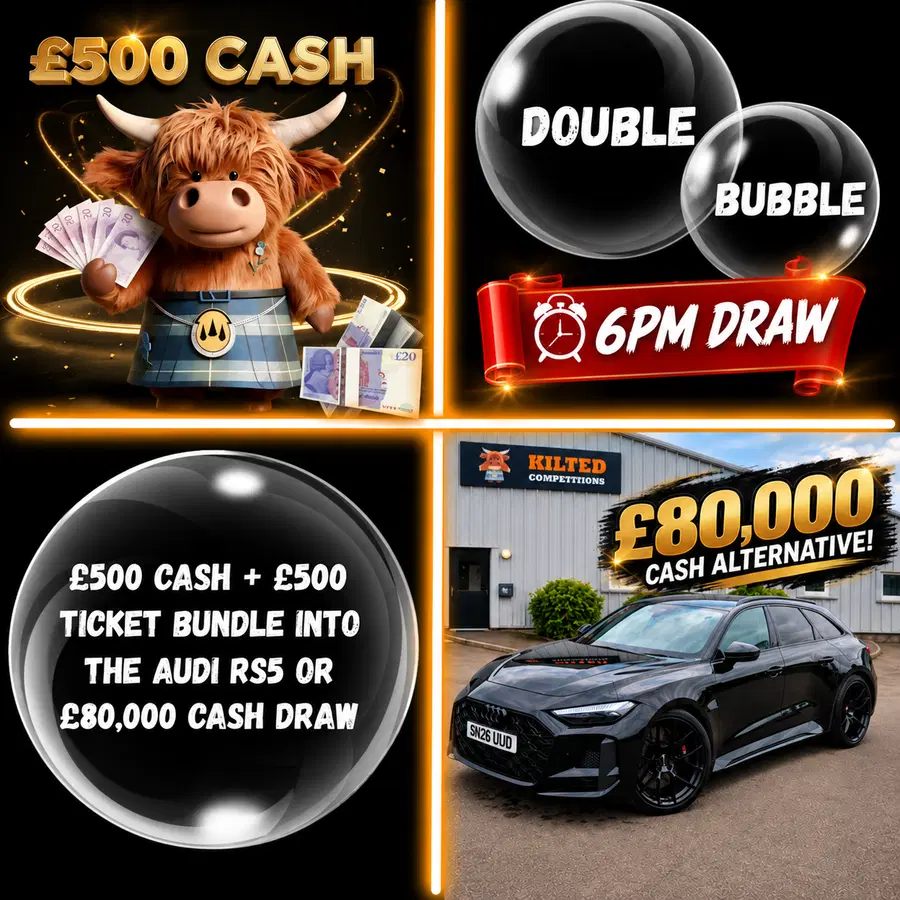 Double Bubble WIN £500 Quick Cash Plus £500 Tickets Into the Audi RS5 or £80,000 Cash draw #4