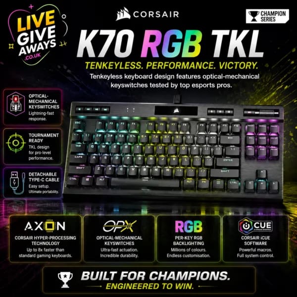 Corsair K70 RGB TKL CHAMPION SERIES Tenkeyless Optical-Mechanical Gaming Keyboard
