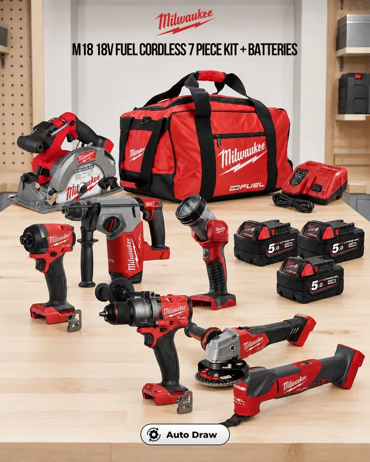 Milwaukee M18 18V Fuel Cordless 7 Piece Kit with 3x 5.0Ah Batteries
