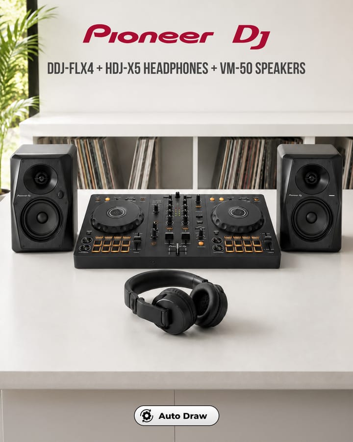 Pioneer DDJ-FLX4 + HDJ-X5 Headphones + VM-50 Speakers