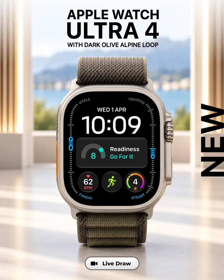 Apple Watch Ultra 4 with Dark Olive Alpine Loop