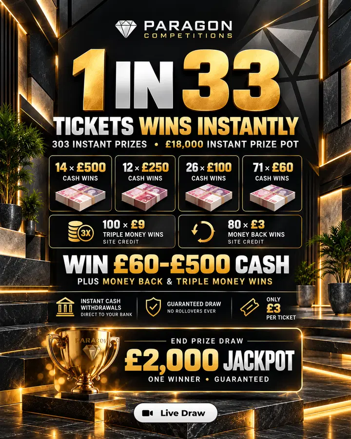 1 in 33 Tickets Wins Instantly – £18,000 Instant Wins – £2,000 End Prize