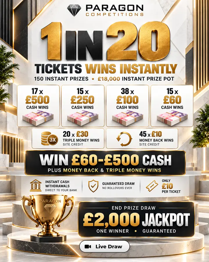 1 in 20 Tickets Wins Instantly – £18,000 Instant Wins £2,000 End Prize