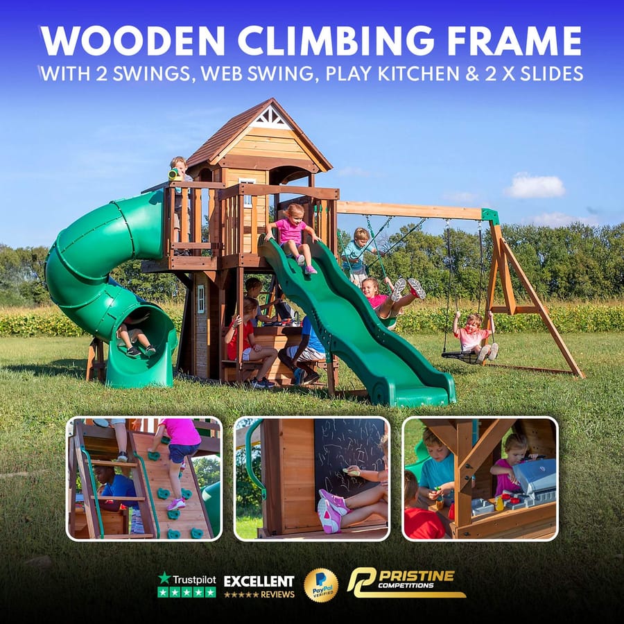 Backyard Discovery Cedar Cove Wooden Climbing Frame with 2 x Swings, Web Swing Play Kitchen and 2 x Slides #4