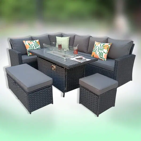 Rosen 9 Seater Rattan Garden Furniture Corner Sofa Set With Aluminum Fire Pit #2
