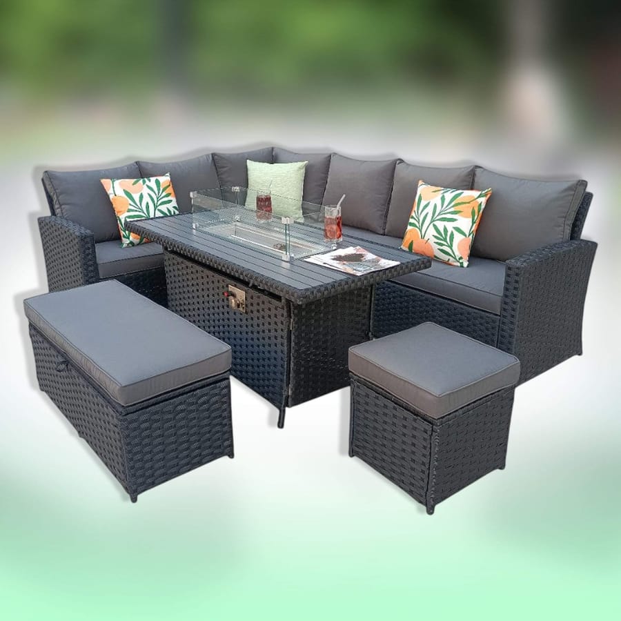 Rosen 9 Seater Rattan Garden Furniture Corner Sofa Set With Aluminum Fire Pit