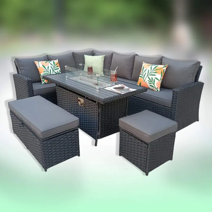Rosen 9 Seater Rattan Garden Furniture Corner Sofa Set With Aluminum Fire Pit #2