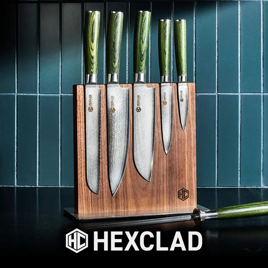 Hexclad 6 pc Japanese Damascus Steel Knife Set w/ Magnetic Knife Block