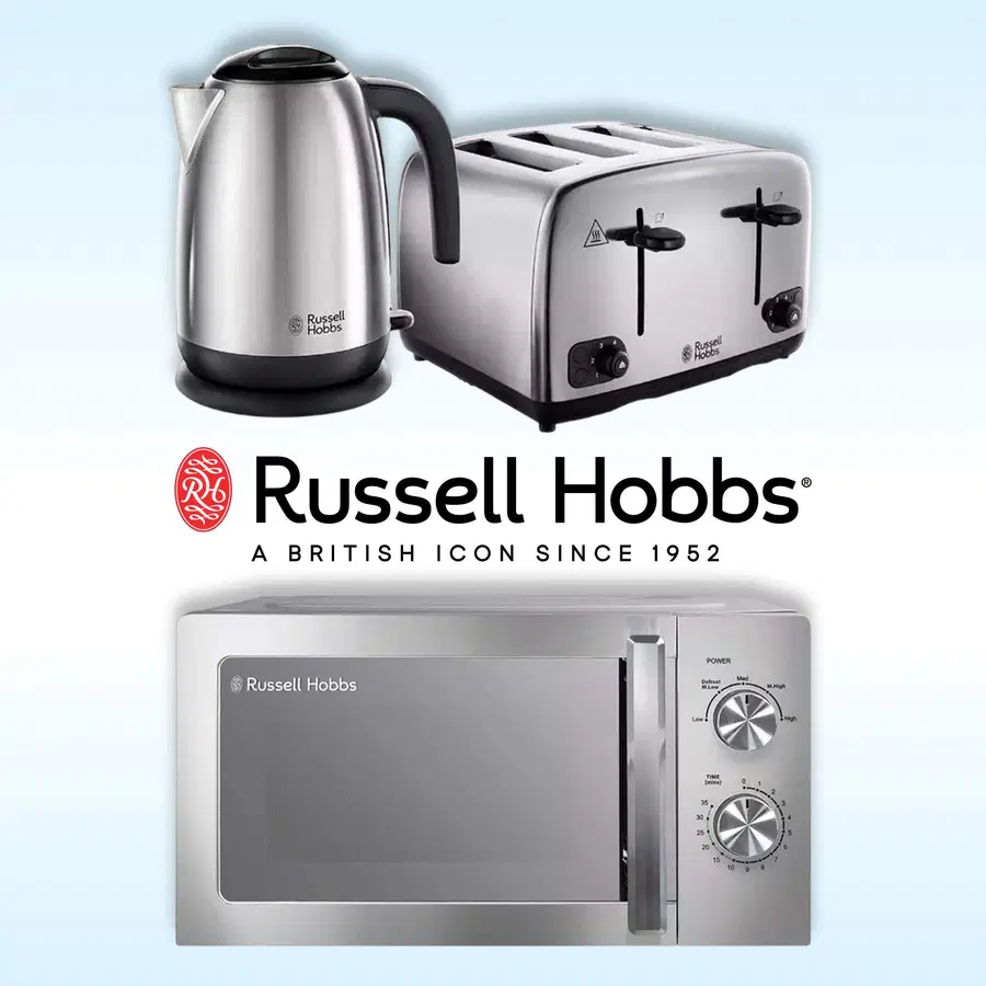Russell Hobbs Polished Classics Bundle Kettle, 4 Slice Toaster & Microwave- S/Steel