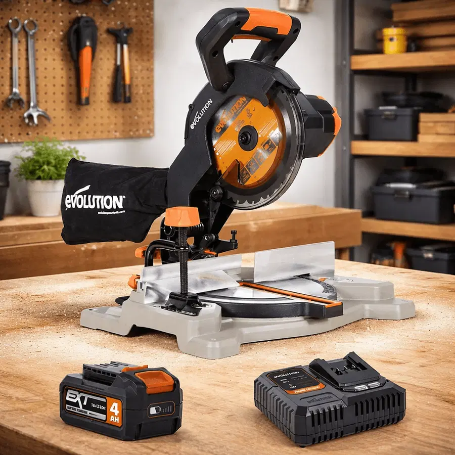Auto Draw – Evolution R185CMS-Li 18V 185mm Compound Mitre Saw, 4.0Ah Battery, Charger & Spare Blade #4