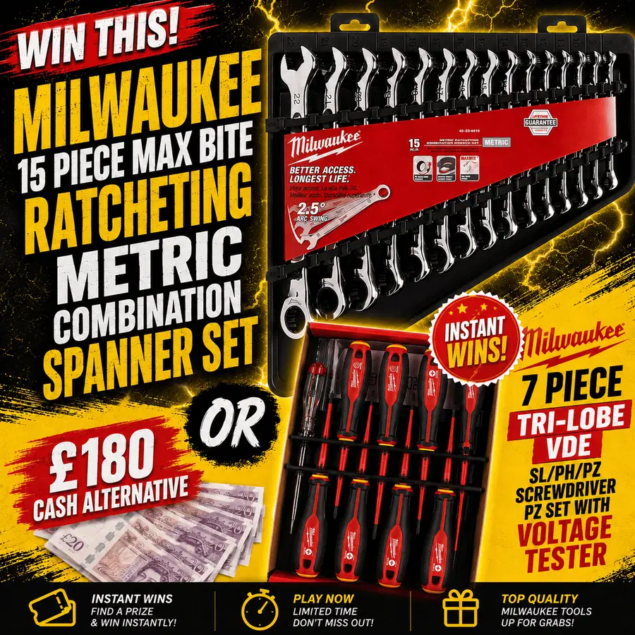 Milwaukee 15 Piece MAX BITE Ratcheting Metric Combination Spanner Set (+ Milwaukee 7 Piece TRI-LOBE VDE SL/PH/PZ Screwdriver PZ Set with Voltage Tester Instant Wins