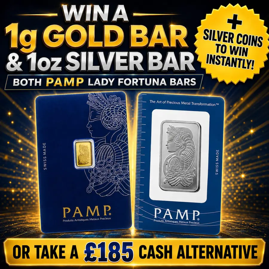 Win Both – 1g Gold Bar & 1oz Silver Bar – PAMP Lady Fortuna Minted (+ Silver Coins Instant Wins)