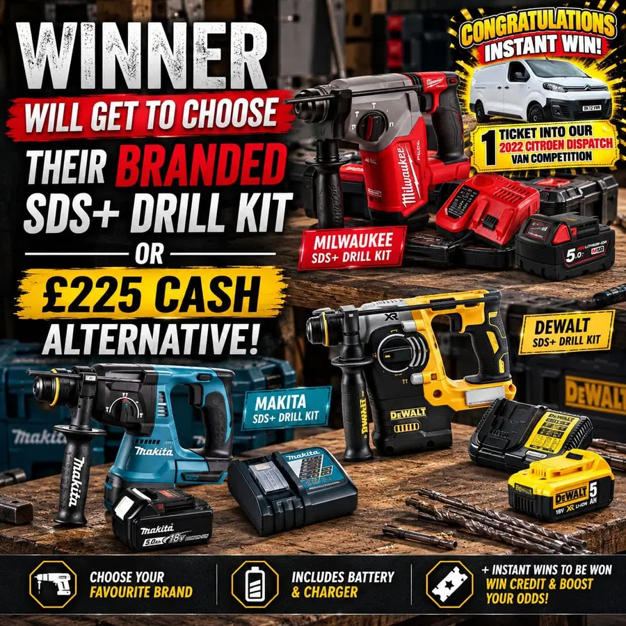 Choose Your Branded SDS+ Hammer Drill Kit – Battery & Charger Included (+ Van Ticket Instant Wins)