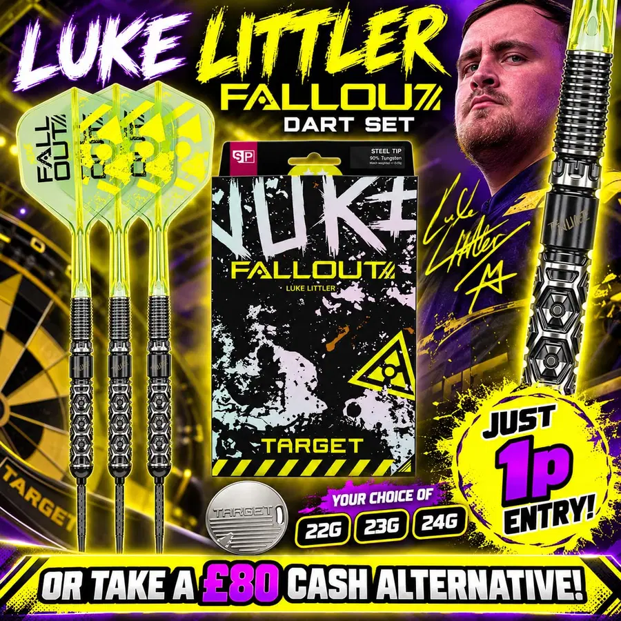Auto Draw – Target Luke Littler Fallout 90& Tungsten Steel Tip Dart Set – 22g, 23g Or 24g