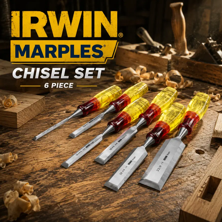 Irwin Marples M373 Bevel Edge Chisel Splitproof Handle Set (6 Pack) Auto Draw